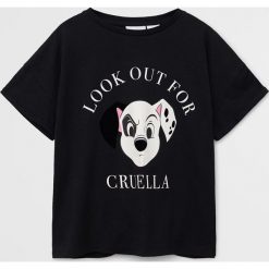 Mango Kids - T-shirt dziecięcy Cruella 110-164 cm. Czarne bluzki dziewczęce Mango Kids, z nadrukiem, z bawełny, z okrągłym kołnierzem, z krótkim rękawem, krótkie, bez kaptura. Za 59,90 zł.
