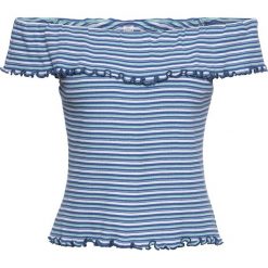 Shirt z dekoltem "carmen" bonprix morski pastelowy + w paski. Niebieskie koszulki damskie bonprix, w paski, z bawełny, bez kołnierzyka, bez rękawów. Za 34,99 zł.