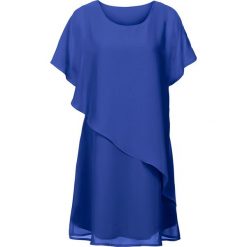 Sukienka z tkaniny bonprix ciemnoniebieski. Niebieskie sukienki damskie bonprix, bez wzorów, z tkaniny, z asymetrycznym kołnierzem, bez rękawów, asymetryczne. Za 109,99 zł.