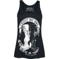 Infest Clothing Believe Top damski czarny. Czarne topy damskie marki Infest Clothing, s, z nadrukiem, z bawełny. Za 99,90 zł.