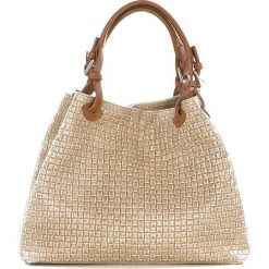 Shopper bag damskie: Skórzana torebka w kolorze beżowym – 45 x 37 x 15 cm