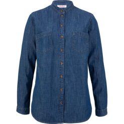 Bluzka dżinsowa z kontrastowymi szwami, długi rękaw bonprix niebieski. Niebieskie t-shirty damskie bonprix, bez wzorów, z kontrastowym kołnierzykiem. Za 54,99 zł.