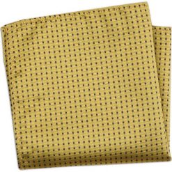 Żółta Elegancka Męska Poszetka -ALTIES- Złota, w Granatowe Kropki, Groszki POSZALTTANIA0383. Żółte poszetki męskie Alties, w grochy, z materiału, eleganckie. Za 16,90 zł.