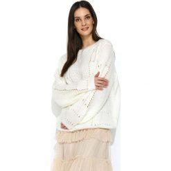 Ecru Luźny Sweter z Ażurowym Wzorem. Swetry damskie Molly.pl, uniwersalny, bez wzorów, z jeansu, eleganckie, z długim rękawem, długie, bez kaptura. Za 129,90 zł.