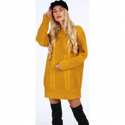 Musztardowy długi sweter oversize 0207. Brązowe swetry oversize damskie marki Fasardi. Za 89,00 zł.