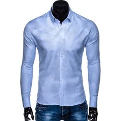 Koszula męska w kratę z długim rękawem K451 - błękitna. Niebieskie koszule męskie Ombre Clothing, m, bez wzorów, z bawełny, bez kołnierzyka, z długim rękawem. Za 39,00 zł.