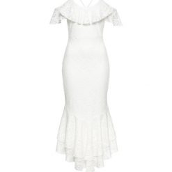 Sukienka koronkowa z falbaną bonprix biały. Białe sukienki damskie bonprix, w koronkowe wzory, z koronki, glamour, bez kołnierzyka, bez rękawów. Za 59,99 zł.
