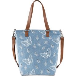 Torba shopper bonprix niebieski dżins - koniakowy - biały. Niebieskie torby damskie na zakupy bonprix, z nadrukiem, z nadrukiem, bez dodatków. Za 79,99 zł.
