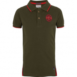 Koszulka polo w kolorze ciemnozielonym. Zielone t-shirty chłopięce marki Retour Denim de Luxe, z aplikacjami, z bawełny. W wyprzedaży za 62,95 zł.