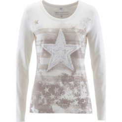 Shirt z długim rękawem bonprix biel wełny - beżowoszary. Białe koszulki damskie bonprix, z nadrukiem, z wełny, bez kołnierzyka, z długim rękawem. Za 69,99 zł.