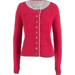 Sweter rozpinany z kwiatowym haftem bonprix czerwony. Czerwone swetry damskie bonprix, z haftami, bez rękawów, bez kaptura. Za 59,99 zł.