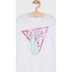 Guess Jeans - Top dziecięcy 118-175 cm. Różowe bluzki dziewczęce Guess Jeans, z nadrukiem, z elastanu, z okrągłym kołnierzem, z krótkim rękawem, krótkie, bez kaptura. Za 99,90 zł.