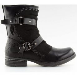 Botki militarne czarne BH98-KB BLACK. Czarne botki damskie obuwie damskie, z zamszu, rockowe, z okrągłym noskiem, przed kolano, na wysokim obcasie, z paskami. Za 98,90 zł.