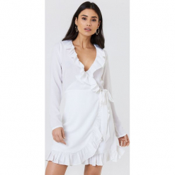 NA-KD Boho Kopertowa sukienka z długim rękawem i falbaną - White. Białe sukienki boho marki NA-KD Boho, z poliesteru, z kopertowym dekoltem, z długim rękawem, mini, kopertowe. Za 161,95 zł.