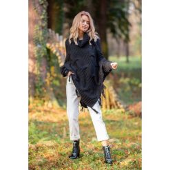 Czarne Ciepłe Poncho-Sweter z Frędzlami. Czarne golfy damskie Molly.pl, uniwersalny, bez wzorów, bez rękawów. Za 159,90 zł.