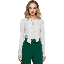 Elegancka Wzorzysta Bluzka z Wiązaniem - Model 2. Szare bluzki asymetryczne Molly.pl, l, w jednolite wzory, z tkaniny, eleganckie, dekolt w kształcie v, z długim rękawem. Za 105,90 zł.