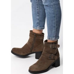Zielone Botki Shelby. Zielone botki damskie Born2be, z okrągłym noskiem, przed kolano, na wysokim obcasie, na obcasie, z paskami. Za 109,99 zł.