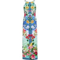 Sukienka z dekoltem halter w kwiaty bonprix niebiesko-zielony w kwiaty. Niebieskie sukienki damskie bonprix, w kwiaty, z elastanu, bez kołnierzyka, bez rękawów. Za 64,99 zł.