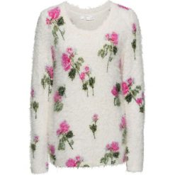 Sweter dzianinowy w kwiaty bonprix biel wełny w kwiaty. Białe swetry damskie bonprix, z aplikacjami, z wełny, z długim rękawem, długie, bez kaptura. Za 109,99 zł.