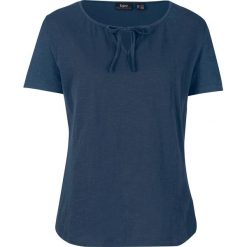 Shirt ze sznurowaniem, krótki rękaw bonprix ciemnoniebieski. Niebieskie koszulki damskie bonprix, bez wzorów, bez kołnierzyka, z krótkim rękawem. Za 32,99 zł.
