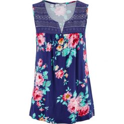 Top dzianinowy z koronką bonprix kobaltowy w kwiaty. Niebieskie topy damskie bonprix, w koronkowe wzory, z dzianiny. Za 54,99 zł.