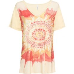 T-shirt z dekoltem w serek bonprix żółty z nadrukiem. Żółte koszulki damskie bonprix, z nadrukiem, z dekoltem w serek, bez rękawów. Za 37,99 zł.