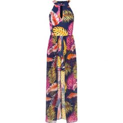 Krótki kombinezon bandeau z nadrukiem bonprix ciemnoniebiesko-różowy wzorzysty. Niebieskie kombinezony damskie bonprix, z nadrukiem, bez kołnierzyka, z krótkim rękawem, krótkie. Za 149,99 zł.