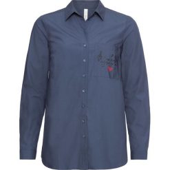 Bluzka bonprix indygo z nadrukiem. Niebieskie bluzki z odkrytymi ramionami marki bonprix, z nadrukiem. Za 49,99 zł.