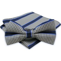 Granatowa Mucha Męska - ALTIES - z Taką Samą Poszetką, w Drobną Kratkę, Paski MUALTStania0326. Niebieskie muszki męskie Alties, w paski, eleganckie. W wyprzedaży za 29,00 zł.