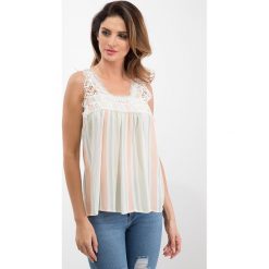 Kremowa bluzka w paski z koronką / brzoskwinia 21585. Białe bluzki damskie Fasardi, s, w paski, z koronki, bez kołnierzyka, bez rękawów. Za 39,00 zł.