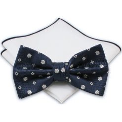 Granatowa Mucha w Małe Kwiatki, Kwadraty + Biała Poszetka - Chattier, Męska MUCH0238. Niebieskie muszki męskie Chattier, na imprezę, w paski, eleganckie. Za 44,00 zł.