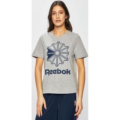 Reebok Classic - Top. Szare topy damskie Reebok Classic, s, z nadrukiem, z bawełny, z okrągłym kołnierzem. W wyprzedaży za 79,90 zł.