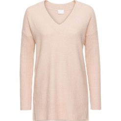 Sweter z dekoltem w serek bonprix matowy beżowy. Brązowe swetry damskie marki bonprix, bez wzorów, bez rękawów, bez kaptura. Za 79,99 zł.