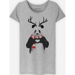 Koszulka "Panda" w kolorze szarym. Szare koszulki damskie Wooop, xl, z nadrukiem, z bawełny, z okrągłym kołnierzem. W wyprzedaży za 59,95 zł.