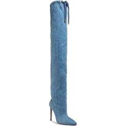Muszkieterki ELISABETTA FRANCHI - SA-68B-01E2-V649 Light Blue 192. Niebieskie kozaki damskie Elisabetta Franchi, ze skóry, przed kolano, na wysokim obcasie, bez zapięcia. W wyprzedaży za 1479,00 zł.