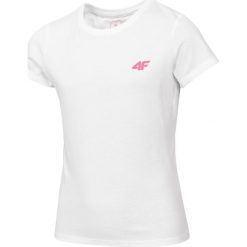 T-shirt dziewczęcy (122-164) JTSD222 - biały. Białe bluzki dziewczęce 4F JUNIOR, bez wzorów, z bawełny, bez kołnierzyka, bez rękawów, bez kaptura. Za 29,99 zł.