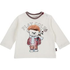Koszulka w kolorze białym. Białe t-shirty chłopięce z nadrukiem marki Chicco, z bawełny, z długim rękawem. W wyprzedaży za 49,95 zł.