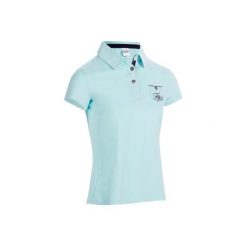 Koszulka polo jeździecka 140 damska. Szare koszulki damskie marki FOUGANZA, bez wzorów, z elastanu, bez rękawów. Za 49,99 zł.