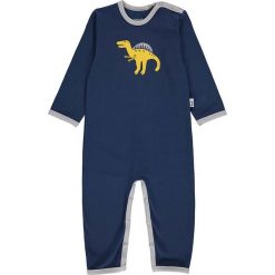 Rampers w kolorze granatowym. Niebieskie śpiochy niemowlęce lamino, z nadrukiem, z materiału. W wyprzedaży za 43,95 zł.