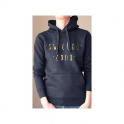 Super żona bluza z kapturem kangurka czarna. Czarne bluzy damskie marki One mug a day, s, bez wzorów, z bawełny, bez rękawów, z kapturem. Za 199,00 zł.