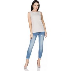 Jasnoszara Bluzka bez Rękawów. Szare podkoszulki damskie Molly.pl, s, bez wzorów, ze lnu, eleganckie, bez kołnierzyka, z krótkim rękawem. Za 109,90 zł.