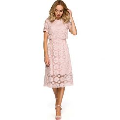 Różowa Koronkowa Rozkloszowana Midi Sukienka z Krótkim Rękawem. Różowe sukienki damskie marki Molly.pl, na imprezę, s, w koronkowe wzory, z koronki, eleganckie, bez kołnierzyka, z krótkim rękawem, krótkie, midi, rozkloszowane. Za 198,90 zł.
