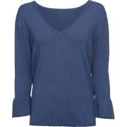 Sweter z falbanami bonprix jasny indygo. Niebieskie bez kategorii bonprix, z dekoltem w serek. Za 69,99 zł.