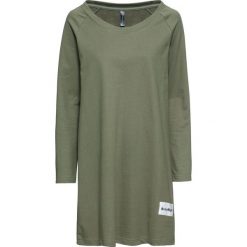Sukienka dresowa bonprix oliwkowo-biały. Zielone sukienki damskie bonprix, bez wzorów, z dresówki, bez kołnierzyka, bez rękawów. Za 89,99 zł.