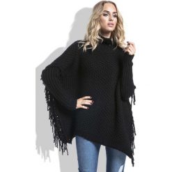 Czarny Sweter Ponczo z Frędzlami. Czarne swetry damskie Molly.pl, s, bez wzorów, z jeansu. Za 168,90 zł.