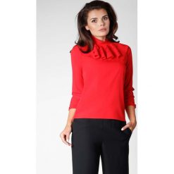 Czerwona Elegancka Bluzka na Stójce z Falbankami. Czerwone podkoszulki damskie Molly.pl, s, bez wzorów, eleganckie, ze stójką, z długim rękawem. Za 109,90 zł.