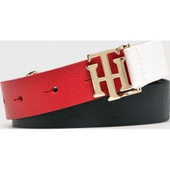 Tommy Hilfiger - Pasek skórzany. Brązowe paski damskie TOMMY HILFIGER, w paski, z materiału. Za 229,90 zł.