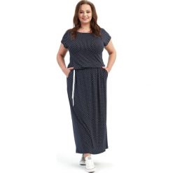 Granatowa sukienka Maria MAXI w białe groszki XXL OVERSIZE LATO. Białe sukienki damskie Moda Size Plus Iwanek, na imprezę, na lato, s, w grochy, z elastanu, bez kołnierzyka, z długim rękawem, długie, maxi, dopasowane. Za 155,00 zł.