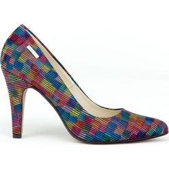 Szpilki - skóra naturalna - model 035 - kolor kwadraty. Zielone czółenka damskie Zapato, na imprezę, z nadrukiem, ze skóry, eleganckie, z kwadratowym noskiem, na wysokim obcasie, na obcasie, bez zapięcia. W wyprzedaży za 179,40 zł.