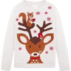 Sweter dzianinowy z zimowym motywem bonprix biel wełny - sarna. Białe swetry dziewczęce marki bonprix, z aplikacjami, z wełny, z okrągłym kołnierzem, bez rękawów, długie, bez kaptura. Za 34,99 zł.